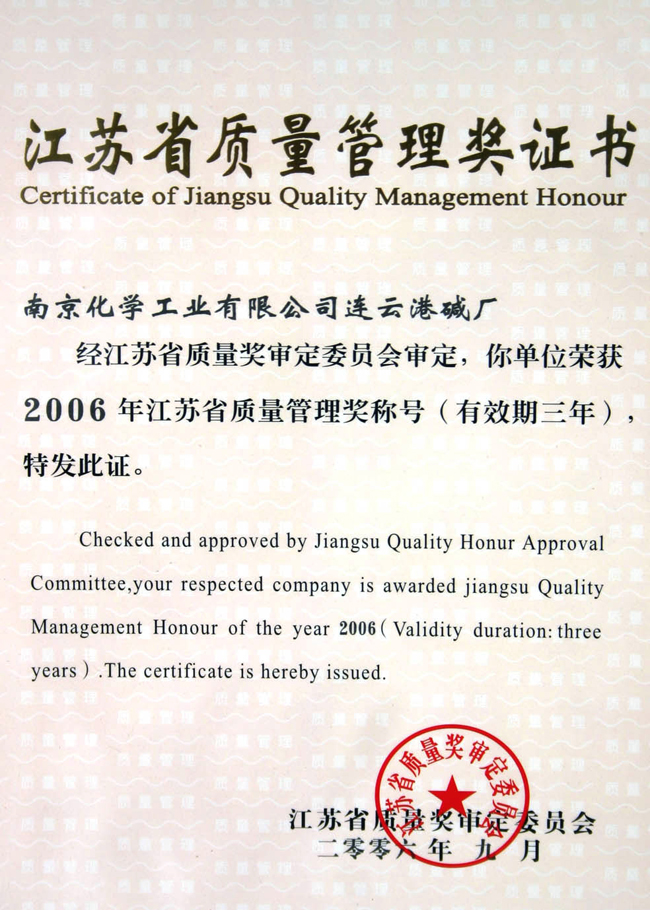 Jiangsu Province Quality Management Award Certificate 06 years